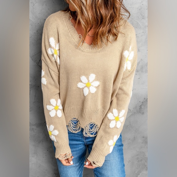 Khaki Floral Ribbed Trim Distressed Sweater - Picture 2 of 5